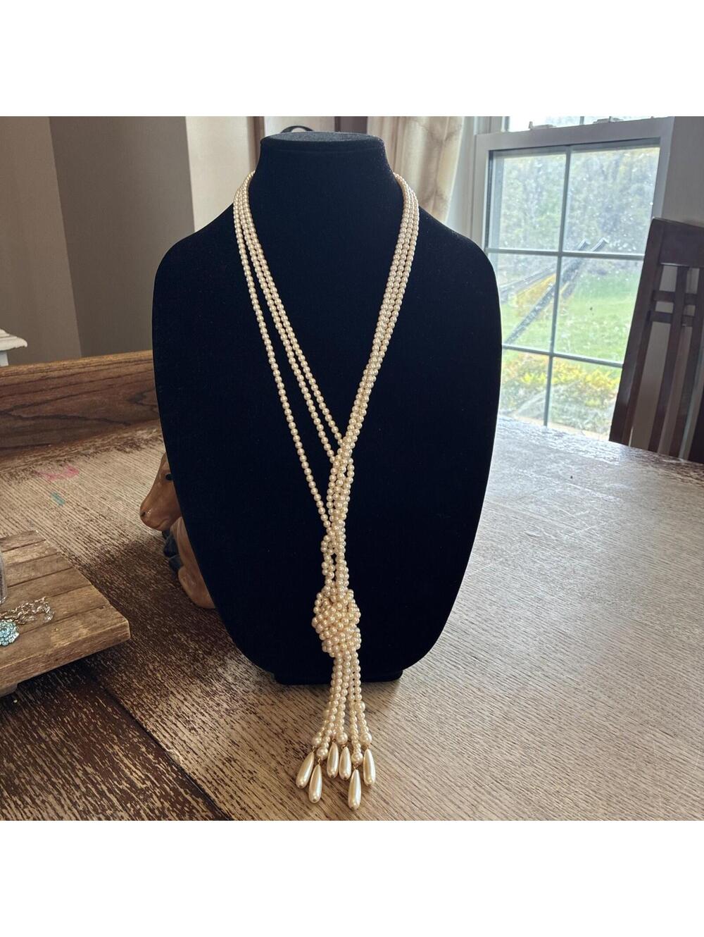 Vintage Liz Claiborne Gold Tone Faux Pearl Long Multi-Strand Necklace Adjustable